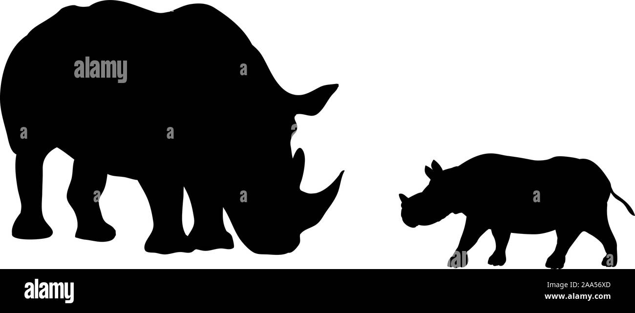 Silhouette of rhino and young small rhino. Vector illustrator Stock Vector
