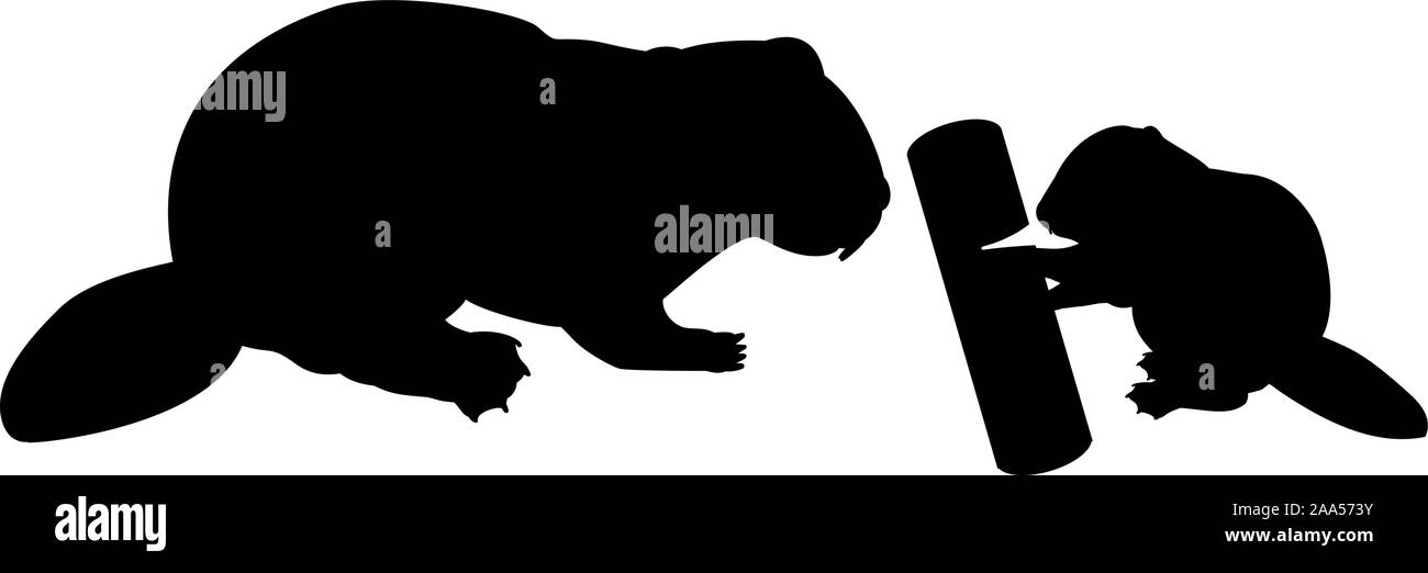 Silhouette of beaver and young little beaver. Vector illustrator Stock Vector