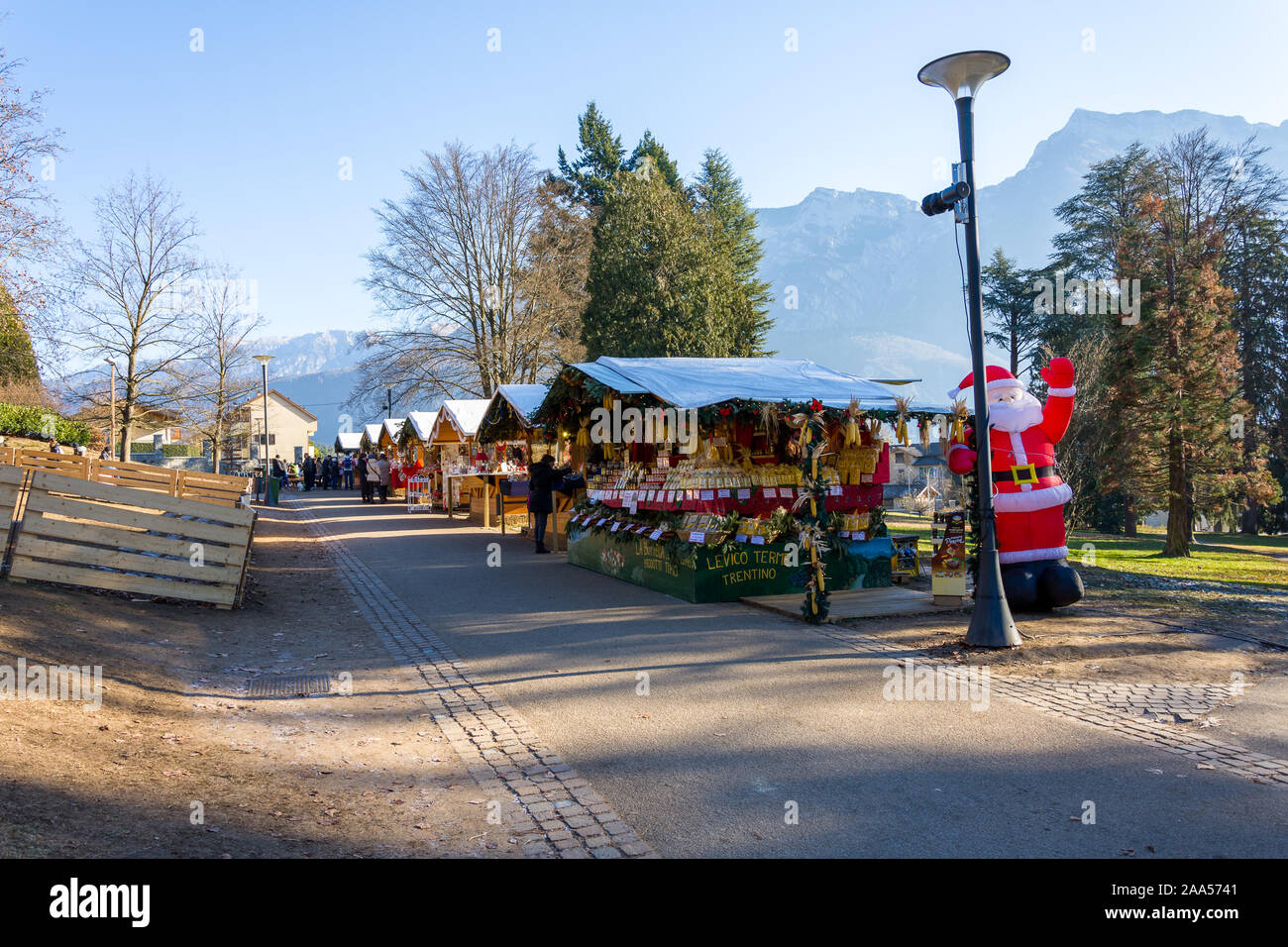 Levico Terme, Italy - January 2, 2017:  Levico Terme Christmas market in the late afternoon, Trentino Alto Adige, northern Italy. Stock Photo