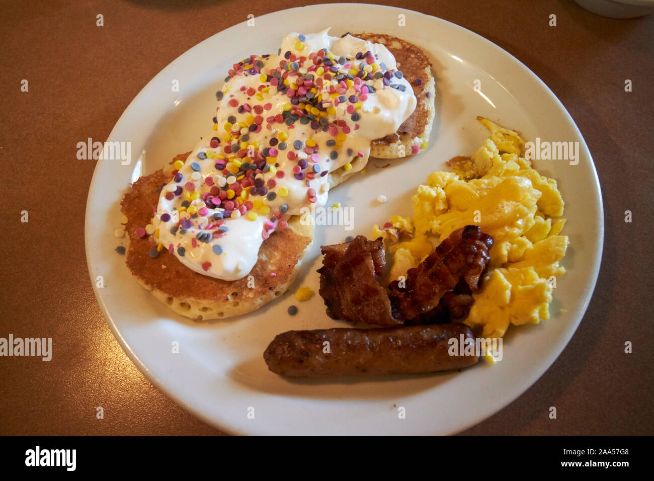 junior birthday cake pancakes sausage egg and bacon kids meal at a junior birthday cake pancakes sausage egg and bacon kids meal at a