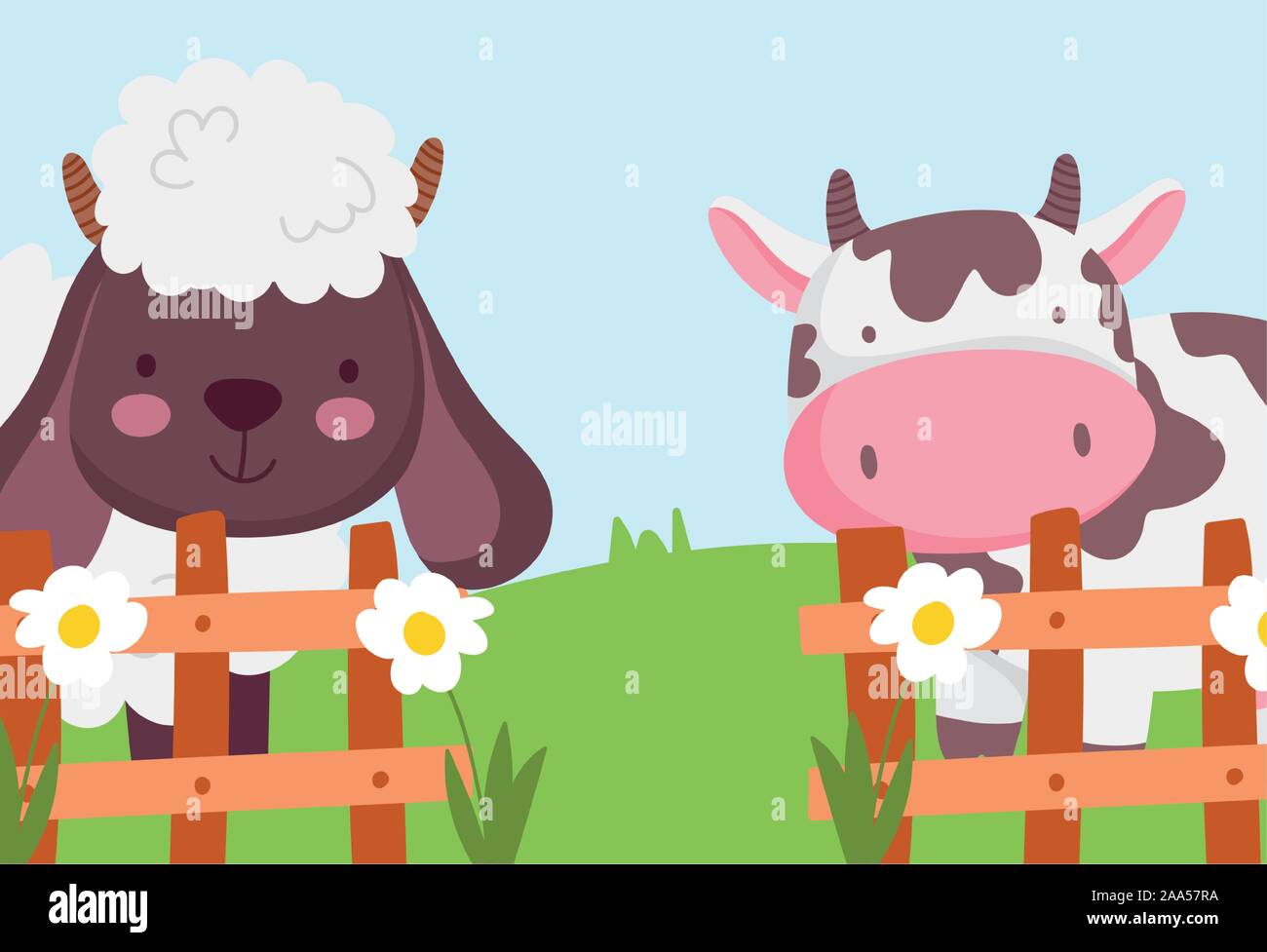 cow and sheep the wooden fence flowers farm animals vector illustration ...