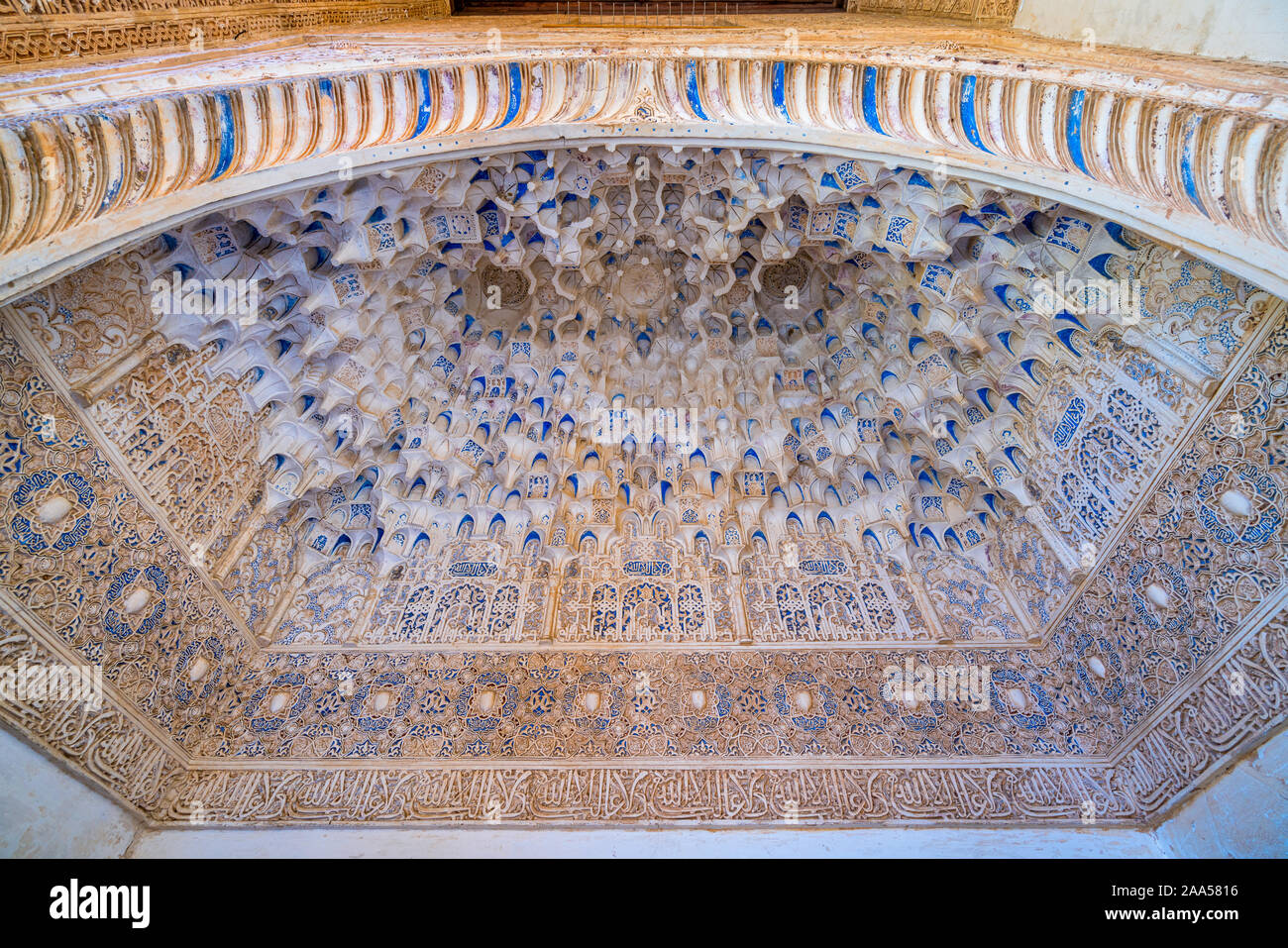 Finely decorated vault in the Alhambra Palace in Granada. Andalusia, Spain. June-03-2019 Stock Photo