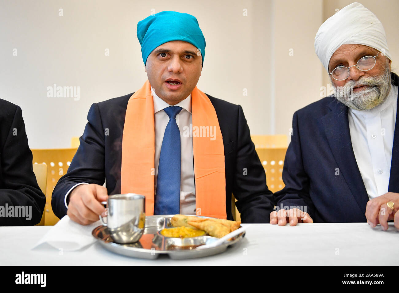 Chancellor of the Exchequer Sajid Javid during a visit to Nanaksar Gurdwara in Coventry while on the campaign trail ahead of the General Election. PA Photo. Picture date: Tuesday November 19,2019. Photo credit should read: Jacob King/PA Wire Stock Photo