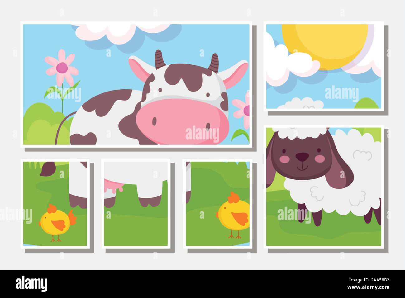 cow and sheep the flowers meadow farm animals cards vector illustration ...