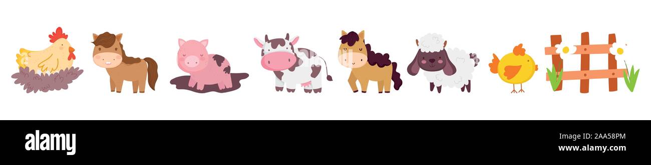farm animals domestic wooden fence set vector illustration Stock Vector ...