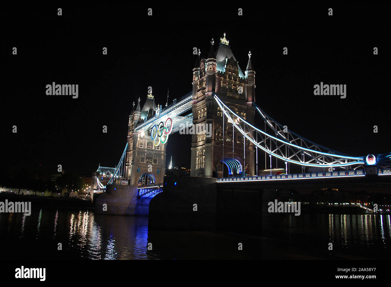A night time view of Tower Bridge with the Olympic rings during the London Olympics in 2012 Stock Photo