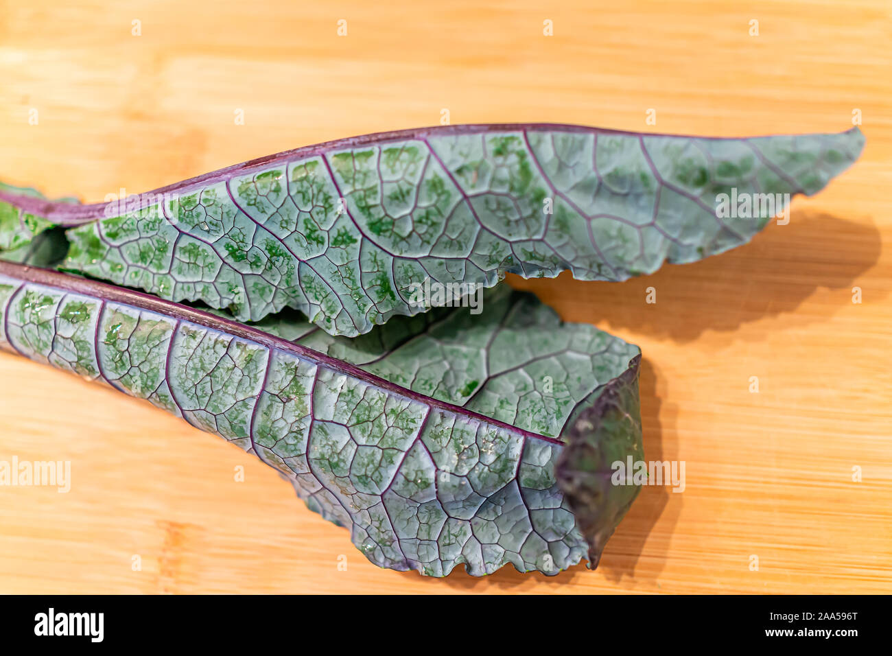 Closeup of leaves of green red kale with texture macro of stem pattern on cutting board or kitchen table ingredient preparation Stock Photo
