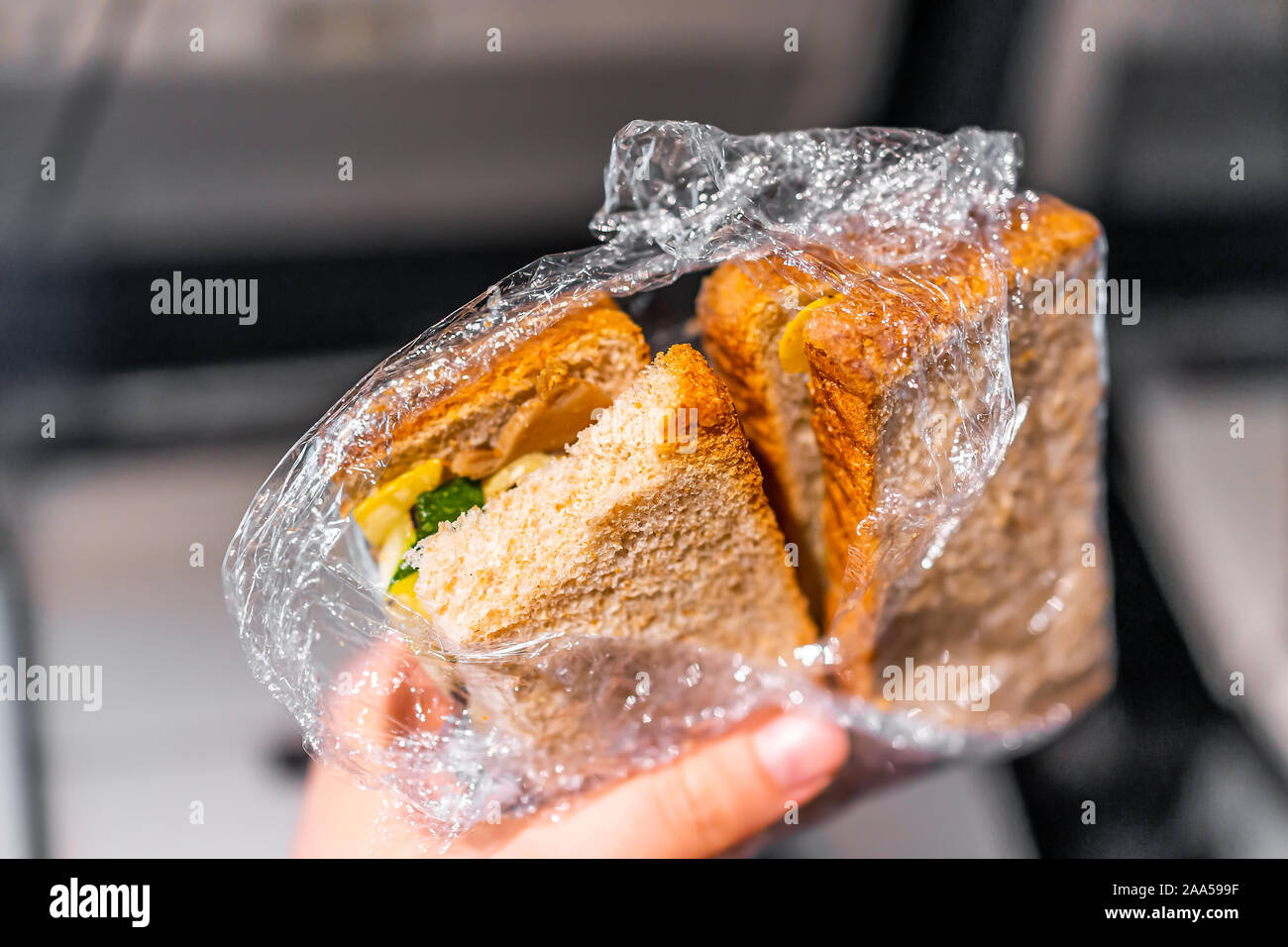 Closeup holding plastic wrapped whole wheat grain bread in airplane flight with crust and vegetable filling as vegan inflight meal Stock Photo