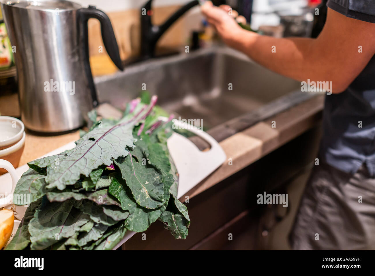 Pile of washed wet green red kale leaves on kitchen counter with man washing vegetables over sink for healthy meal cooking preparation Stock Photo