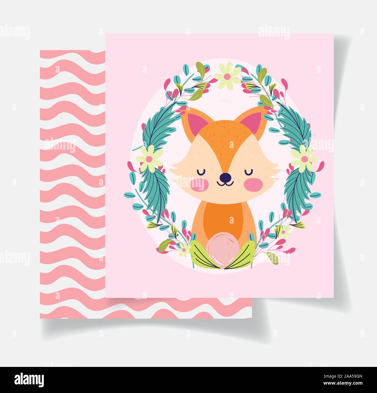 cute fox wreath flowers baby shower card vector illustration Stock ...