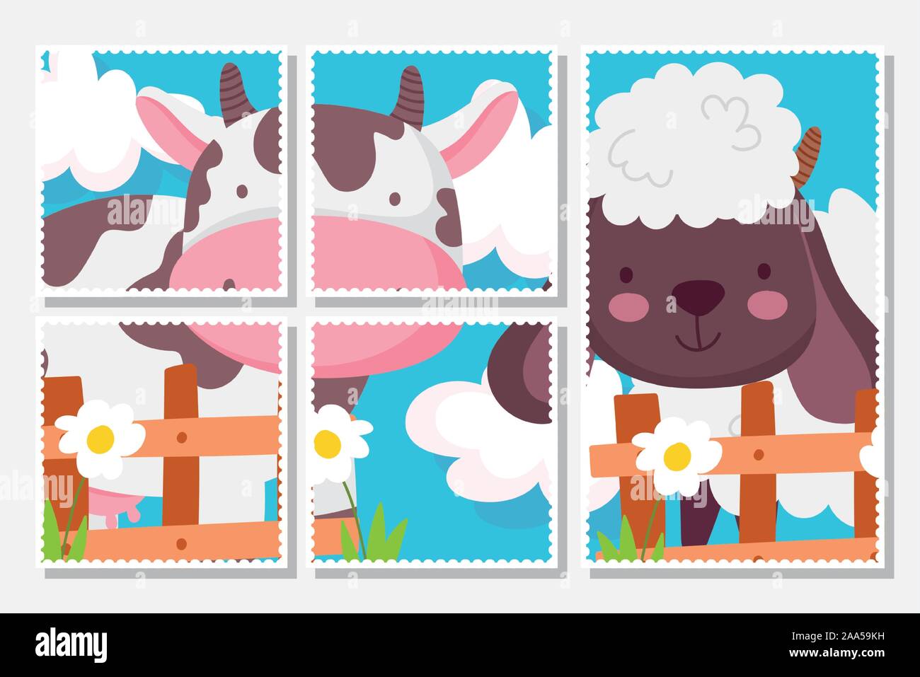 cow and sheep the wooden fence flowers farm animals cards vector ...