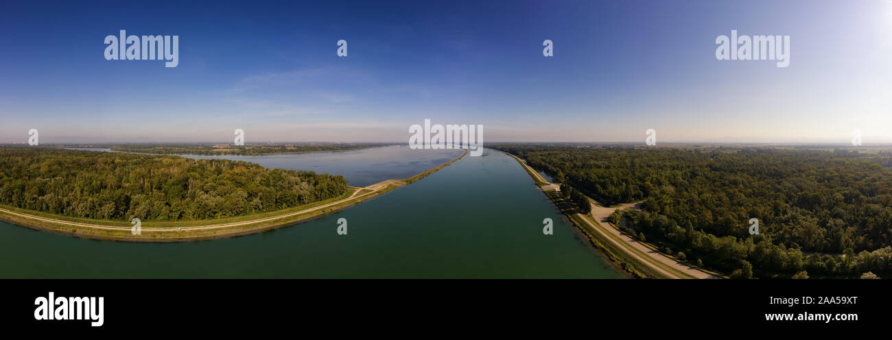 Panoramic aerial shot of the river Rhine valley in Germany on a calm clear sunny morning Stock Photo