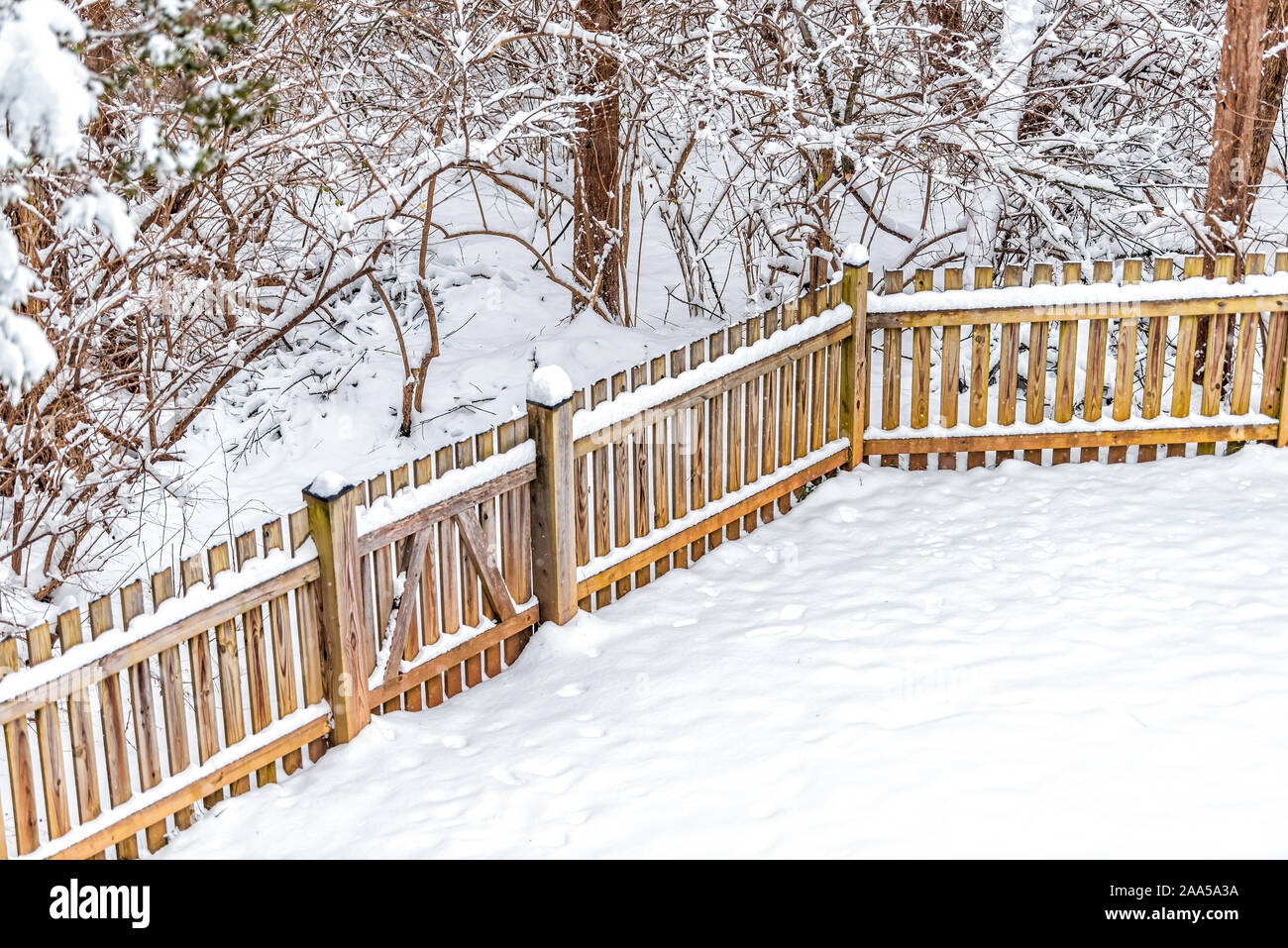 Wooden backyard fence of house with trees forest in neighborhood with snow covered ground during blizzard white storm snowflakes and small gate door Stock Photo