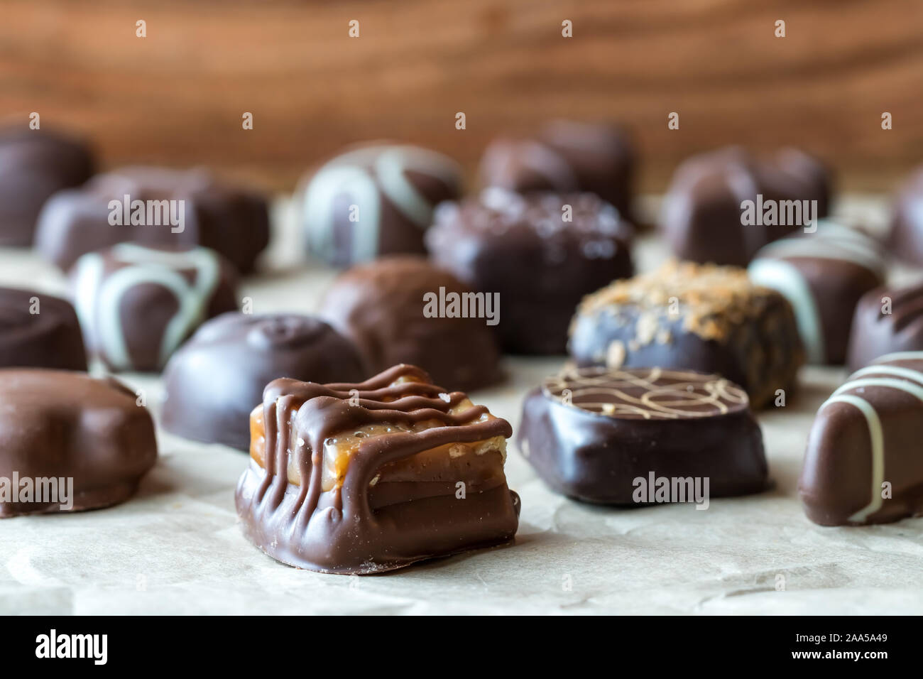 Close up of decorative chocolates. Stock Photo