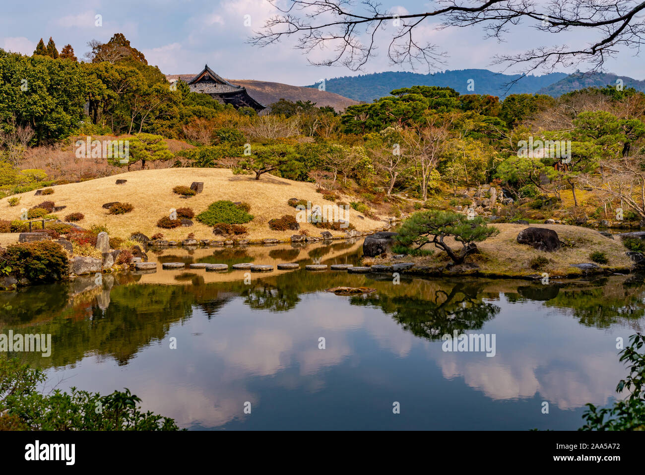 General view of the Isui-en Park, taken on a sunny early spring afternoon, Nara, Japan Stock Photo