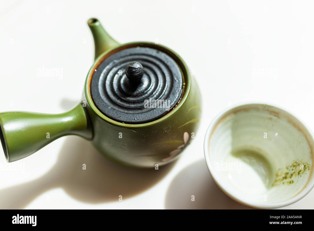 https://c8.alamy.com/comp/2AA5ANR/cast-iron-and-green-clay-teapot-on-table-closeup-with-empty-used-cup-of-japanese-drink-with-kyusu-handle-brewing-during-ceremony-2AA5ANR.jpg