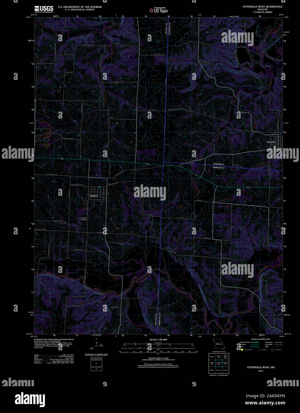 USGS TOPO Map Missouri MO Otterville West 20111214 TM Inverted