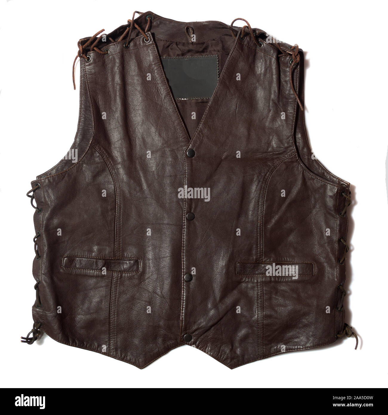 brown leather motorcycle vest on white background Stock Photo