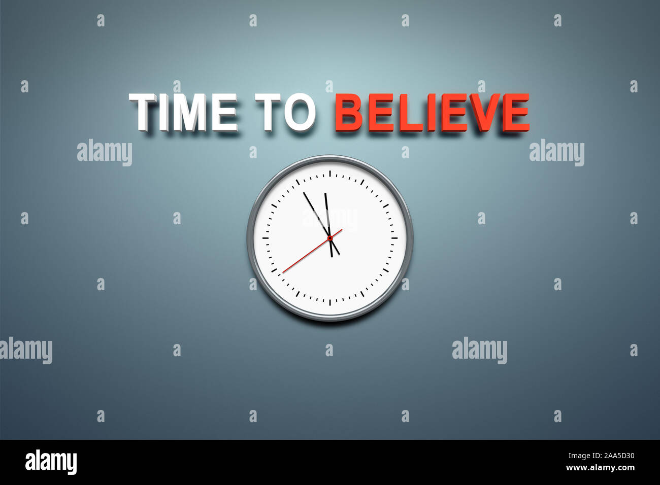 Eine simple Uhr vor grauem Hintergrund, ueber der die Worte 'Time to Believe' stehen Stock Photo