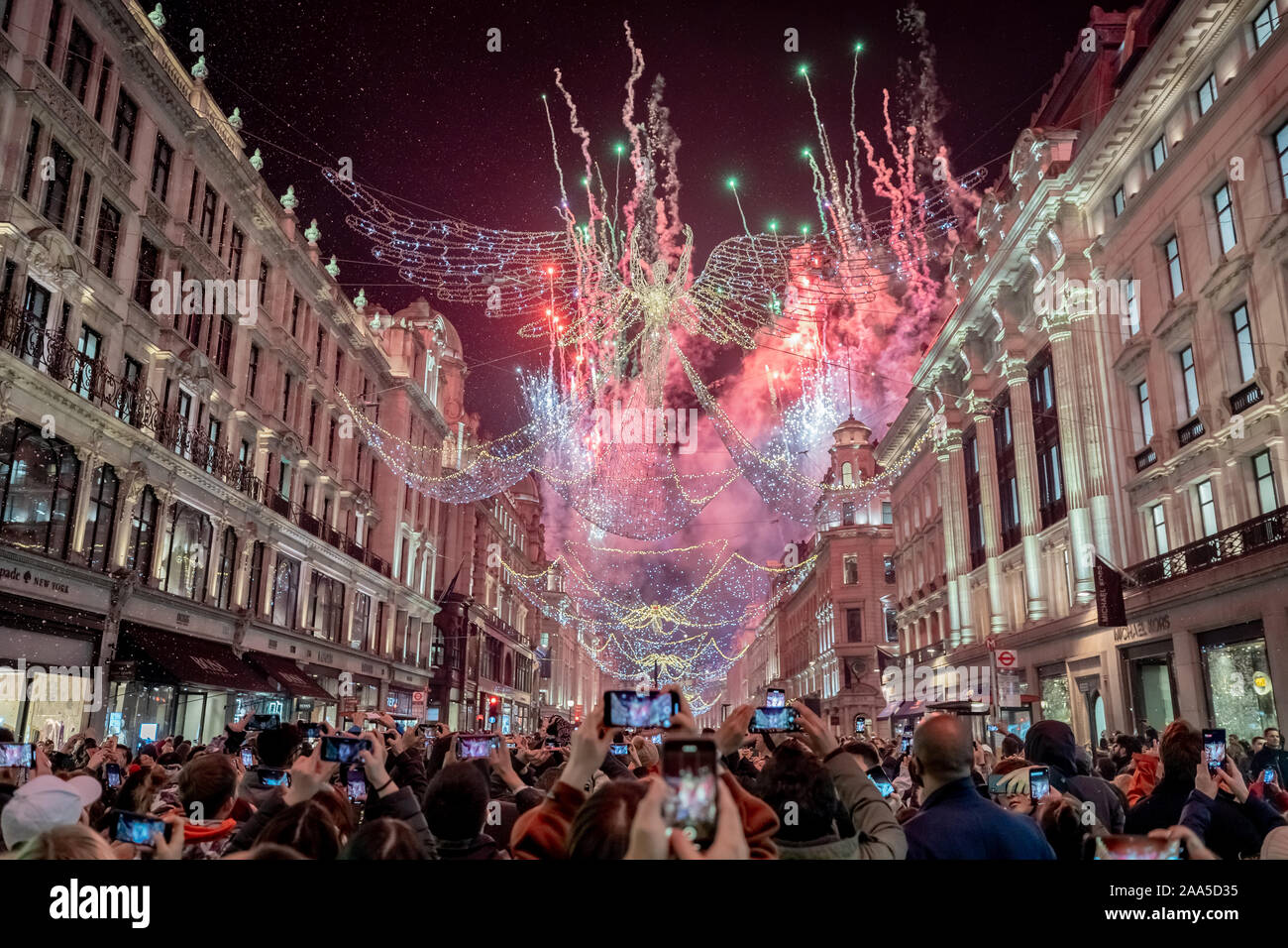 London, UK. 14th Nov 2019. Regent Street Christmas Lights switch-on with fireworks display. Credit: Guy Corbishley/Alamy Live News Stock Photo
