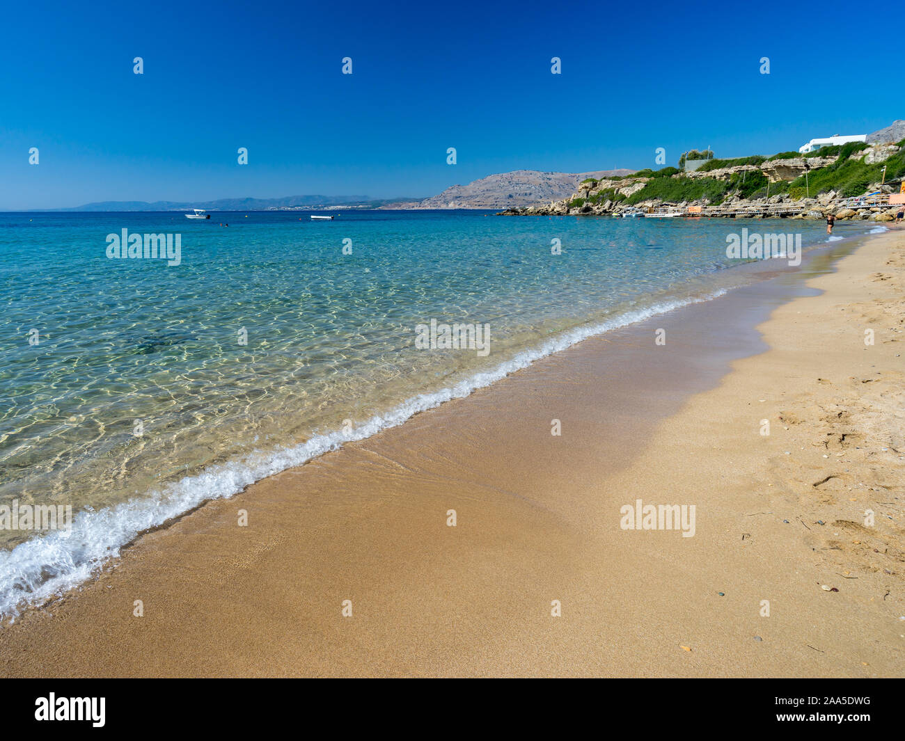 Beautiful summers day at Pefkos Beach or Pefki on the Greek Island of Rhodes Greece Europe Stock Photo