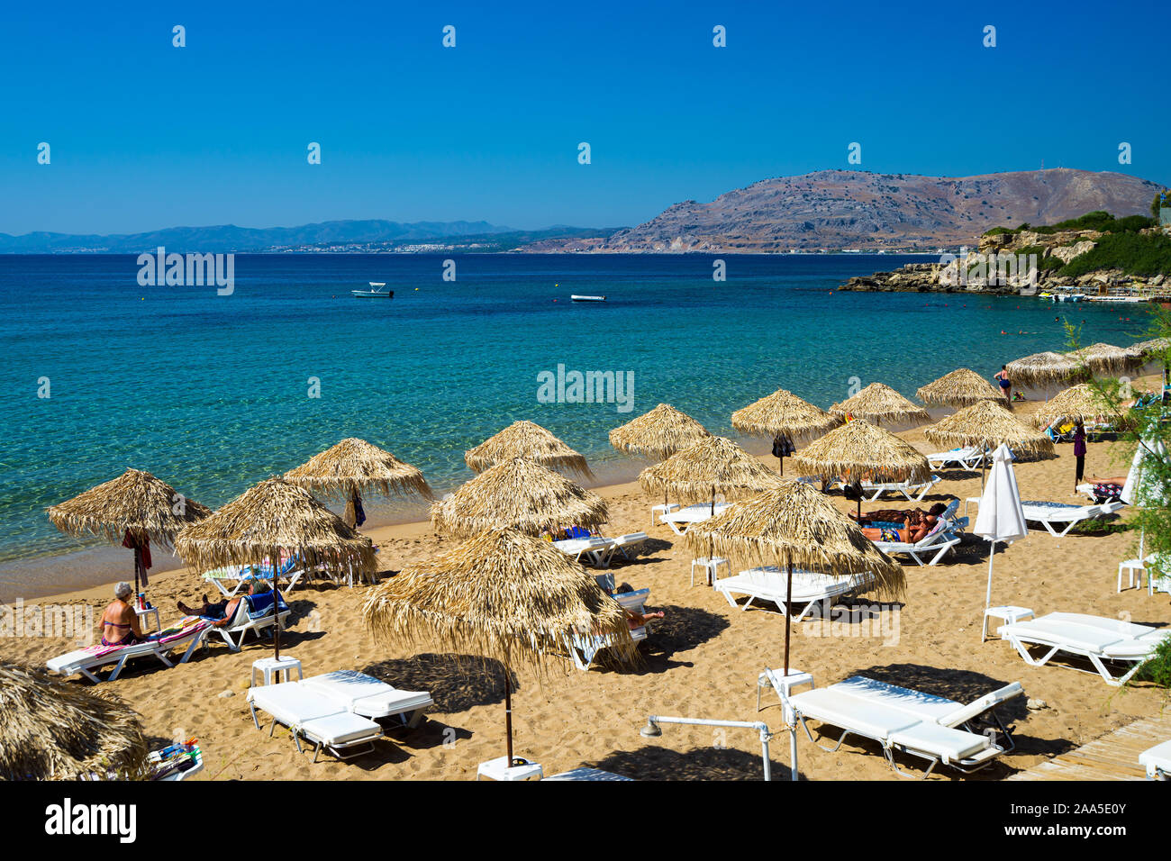 Beautiful summers day at Pefkos Beach or Pefki on the Greek Island of Rhodes Greece Europe Stock Photo