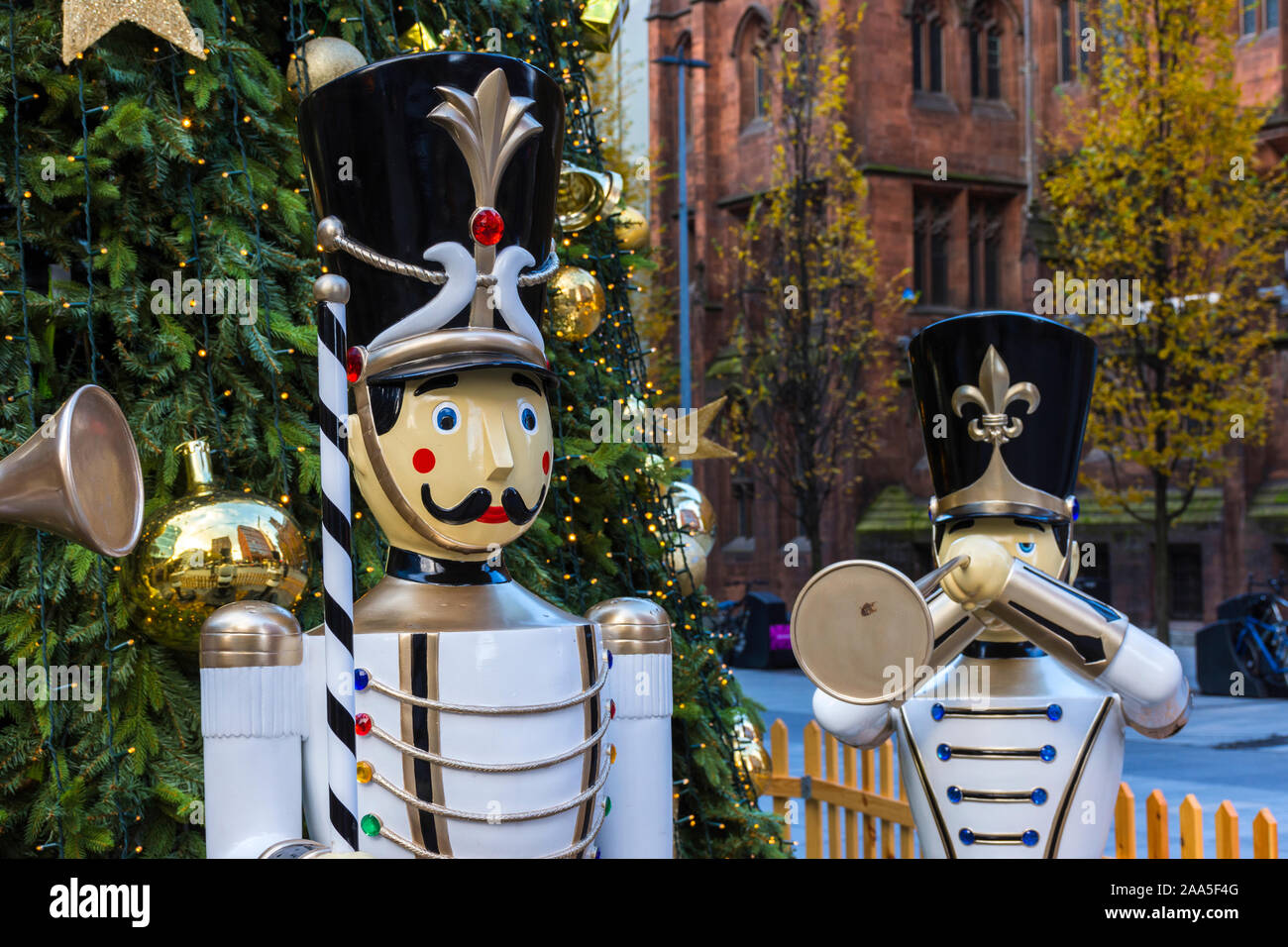 Lifesized 'toy' soldiers next to a Christmas tree, Spinningfields