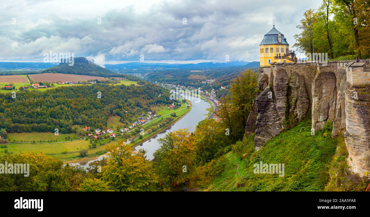 Aerial panoramic view of the Elbe valley and the Konigstein fortress with the Friedrichsburg, surrounded by forests. Saxony, Germany. Stock Photo