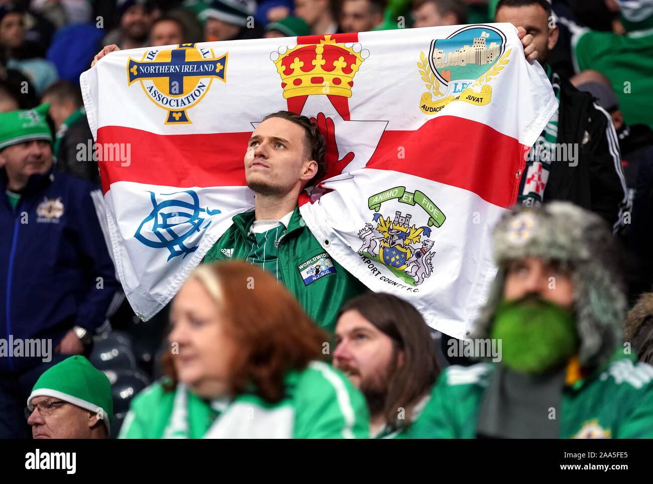 Northern Ireland fans show their support after the UEFA Euro 2020 Qualifying match at the Commerzbank Arena in Frankfurt, Germany. Stock Photo