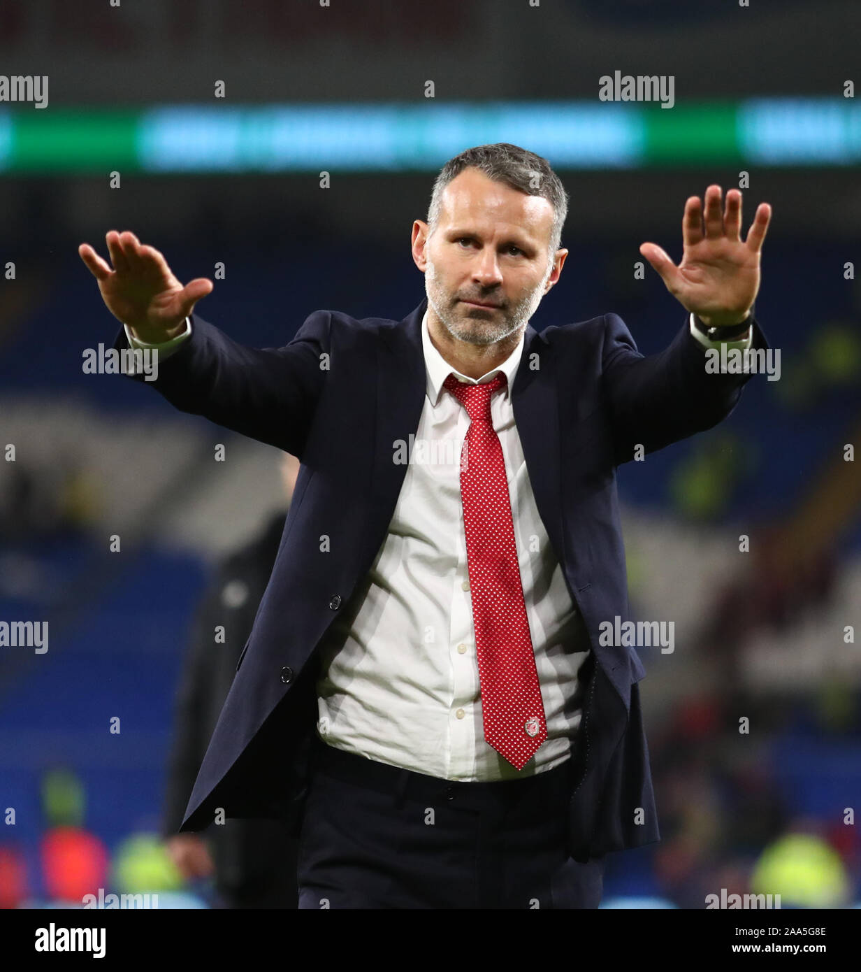 Cardiff, Wales. 19th Nov, 2019. 19th November 2019; Cardiff City Stadium, Cardiff, Glamorgan, Wales; European Championships 2020 Qualifiers, Wales versus Hungary; Ryan Giggs, Manager of Wales shows his appreciation to the fans - Editorial Use Credit: Action Plus Sports Images/Alamy Live News Stock Photo
