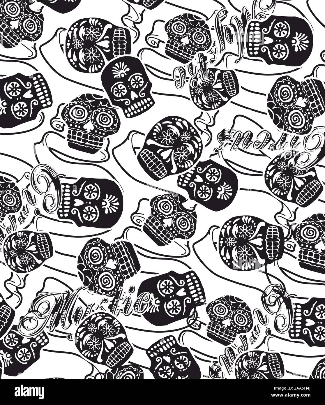 Seamless pattern with image a skull and with flowers cherry. Vector illustration. Stock Vector