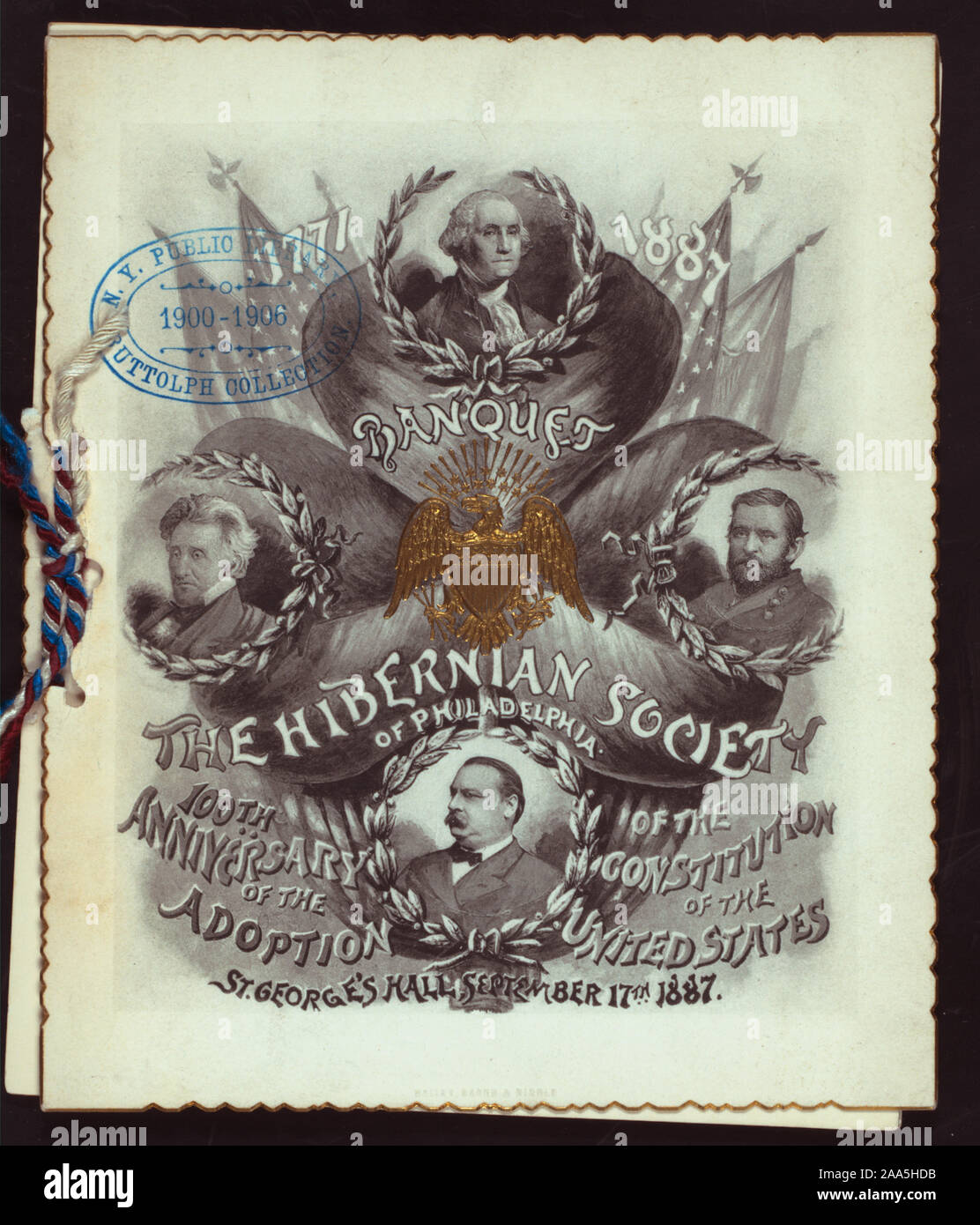 DRAWINGS OF PROMINENT AMERICANS; PROGRAM; TIED WITH RED, WHITE, AND BLUE CORD;; BANQUET COMMEMORATING THE 100TH ANNIVERSARY OF THE CONSTITUTION [held by] HIBERNIAN SOCIETY OF PHILADELPHIA [at] ST. GEORGE'S HALL PHILADELPHIA, PA (CLUB) Stock Photo