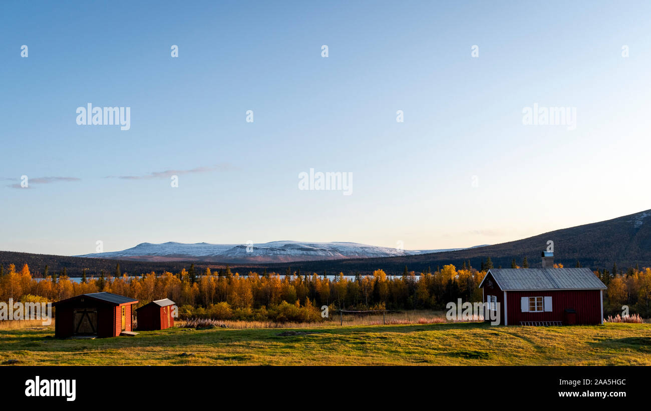 Panorama of STF Aktse huts during sunset at the Kungsleden trail, Lapland Sweden Stock Photo
