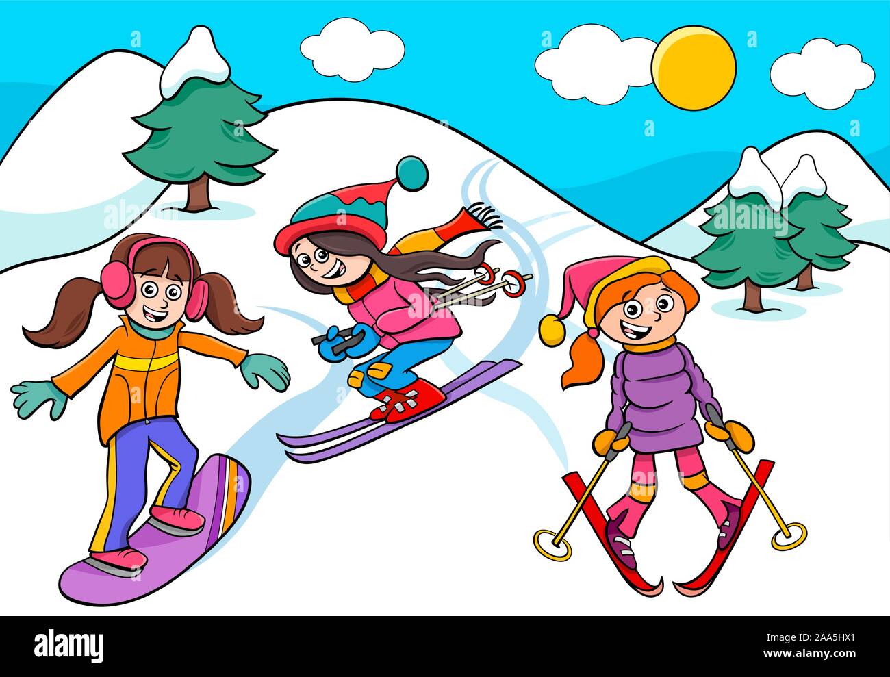 Cartoon Illustrations of Snowboarding and Skiing Girls Characters on Winter  Time Stock Vector Image & Art - Alamy