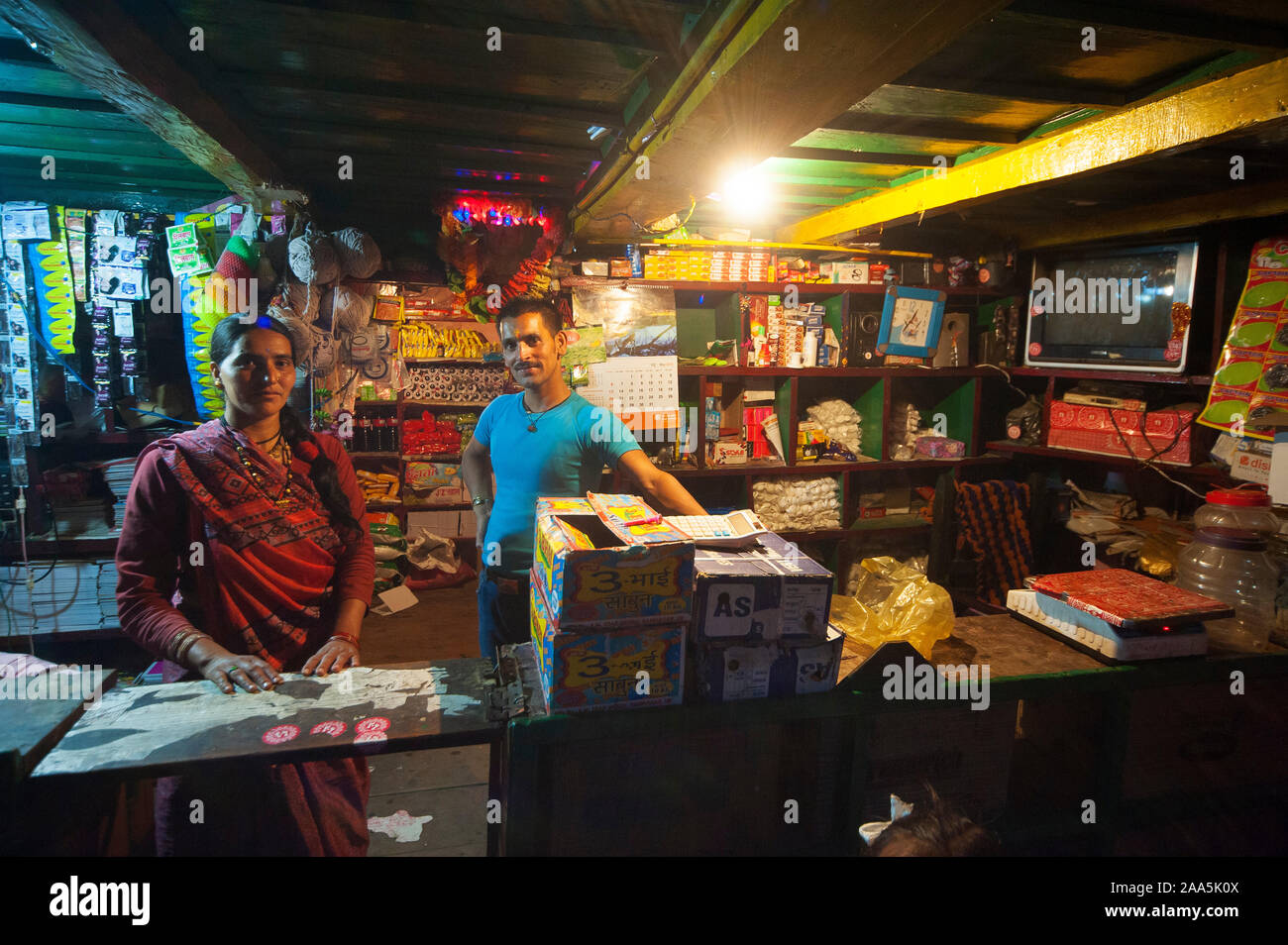 Couple that owns the only shop at Dalkanya village on the Nandhour Valley, Kumaon Hills, Uttarakhand, India Stock Photo
