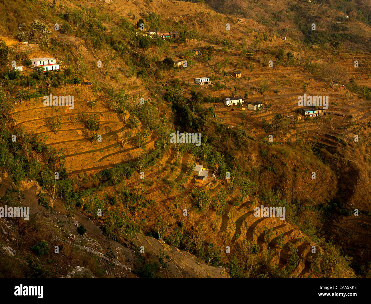 Remote village surrounded by extensive terraced fields on the Nandhour Valley, Kumaon Hills, Uttarakhand, India Stock Photo