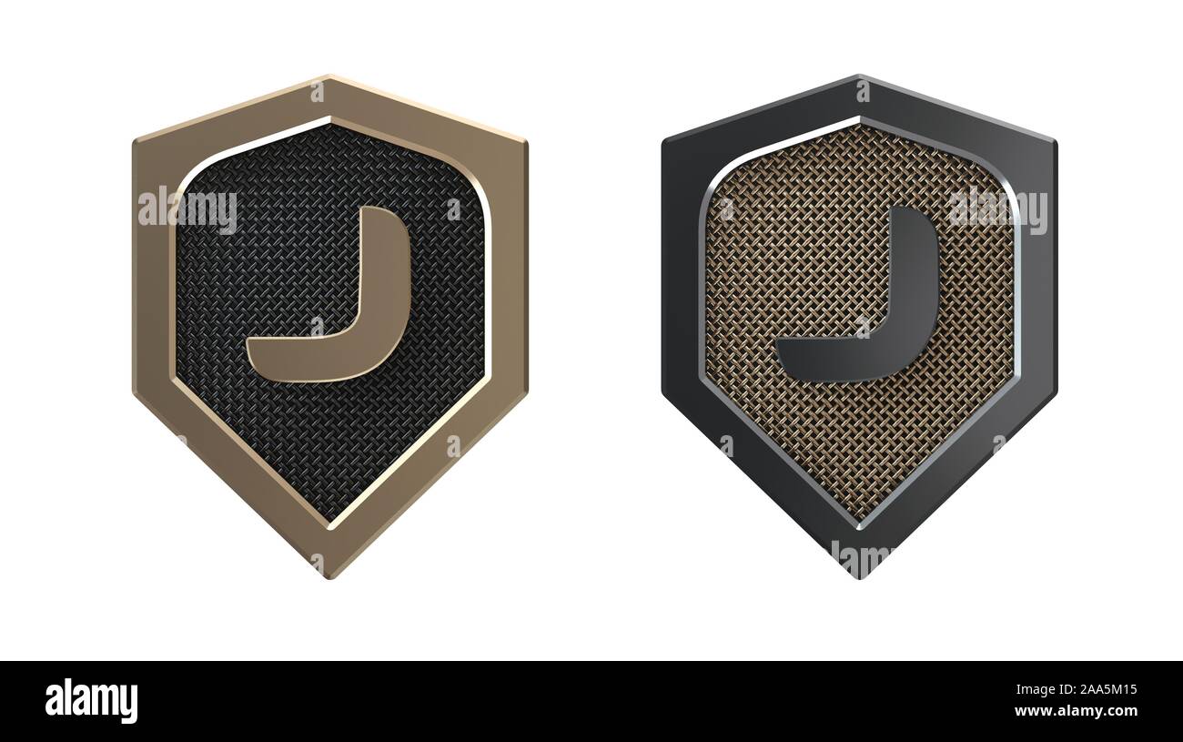 Letter J, metal shield logo with grid. Stock Photo