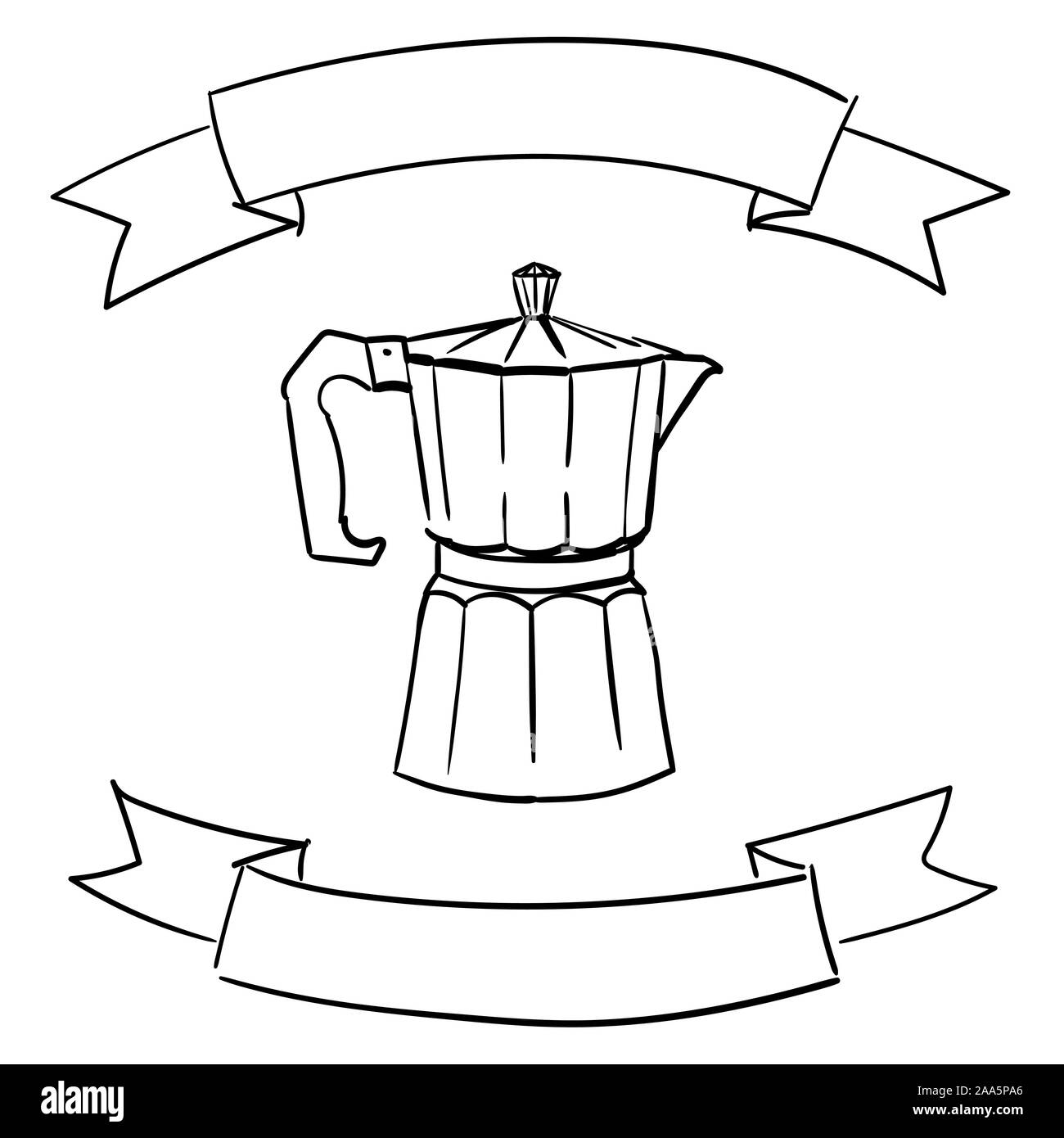 Italian geyser coffee maker with a decorative ribbon. Place for text. Vector hand-drawn illustration. Stock Vector
