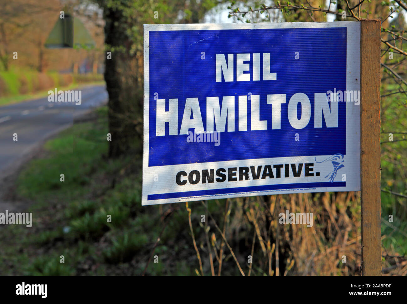 Neil Hamilton, Vote Conservative sign, General Election Knutsford Tatton Ward, Cheshire, North West England, UK, Tory sleaze, lies & grifting Stock Photo