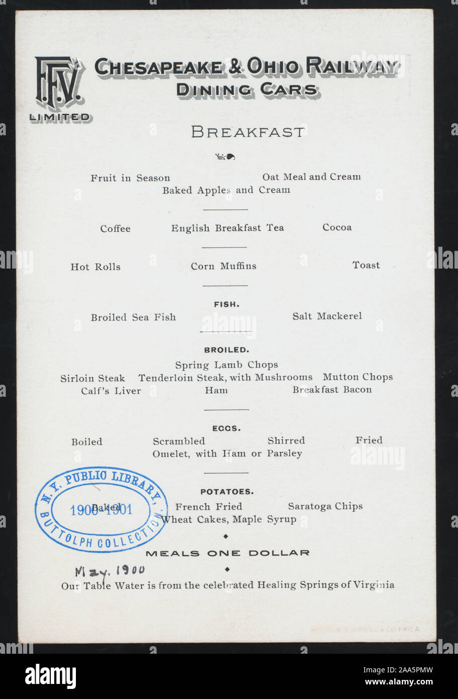 TABLE D'HOTE MENU; MEALS ONE DOLLAR; [DATE INFO SUPPLIED BY FEB]; BREAKFAST [held by] CHESAPEAKE & OHIO RAILWAY [at] FFV LIMITED DINING CARS (RR;) Stock Photo
