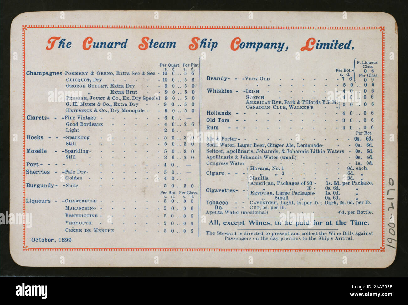 PRICED WINE LIST ON BACK OF MENU; PRICES IN BRITISH CURRENCY ONLY