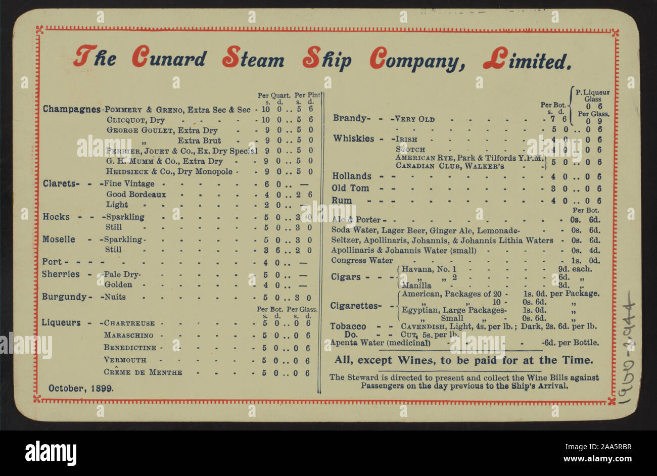 STEAMSHIP LINE INSIGNIA AT TOP OF MENUE; PRICED WINE, LIQUOR & TOBACCO