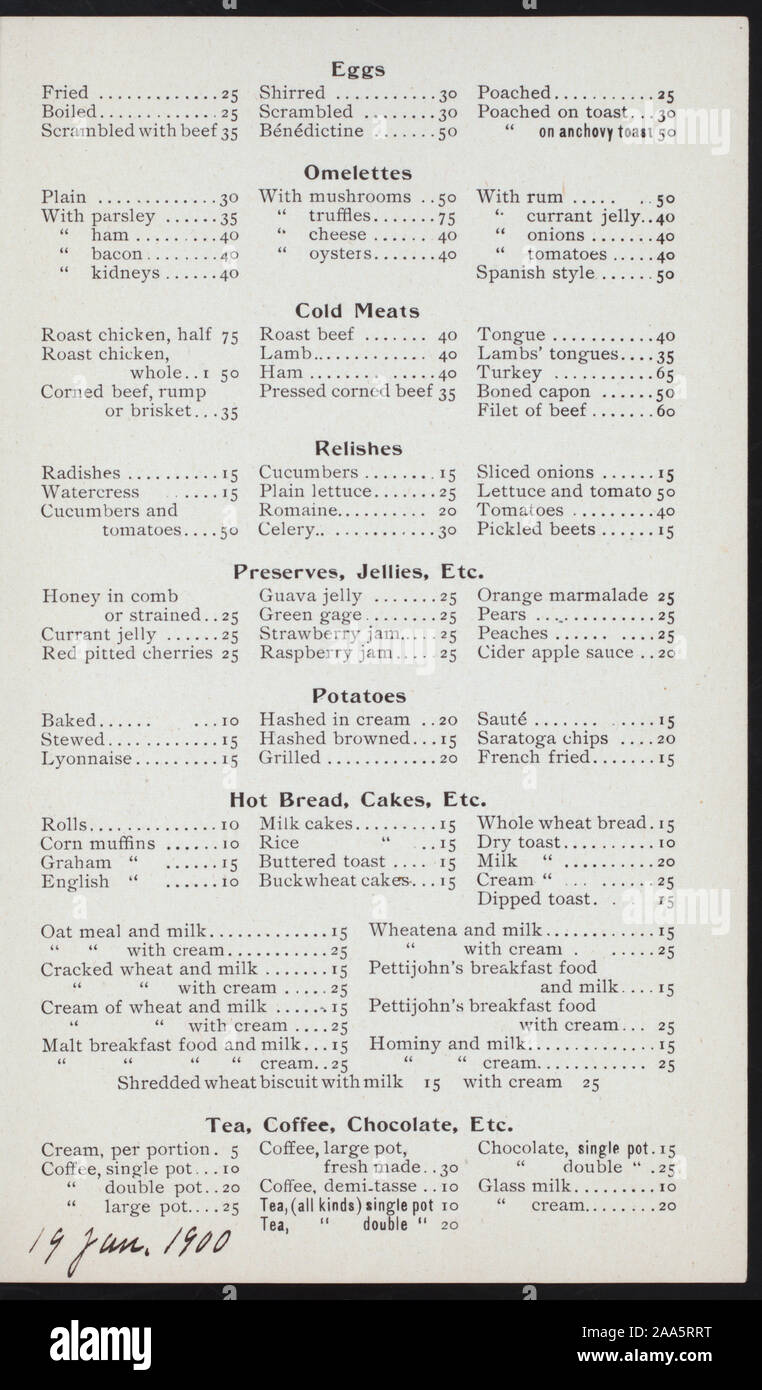 Priced A La Carte Cafe Menu Date Hand Written Breakfast Held By Fifth Avenue Hotel At New York Ny Hotel Stock Photo Alamy
