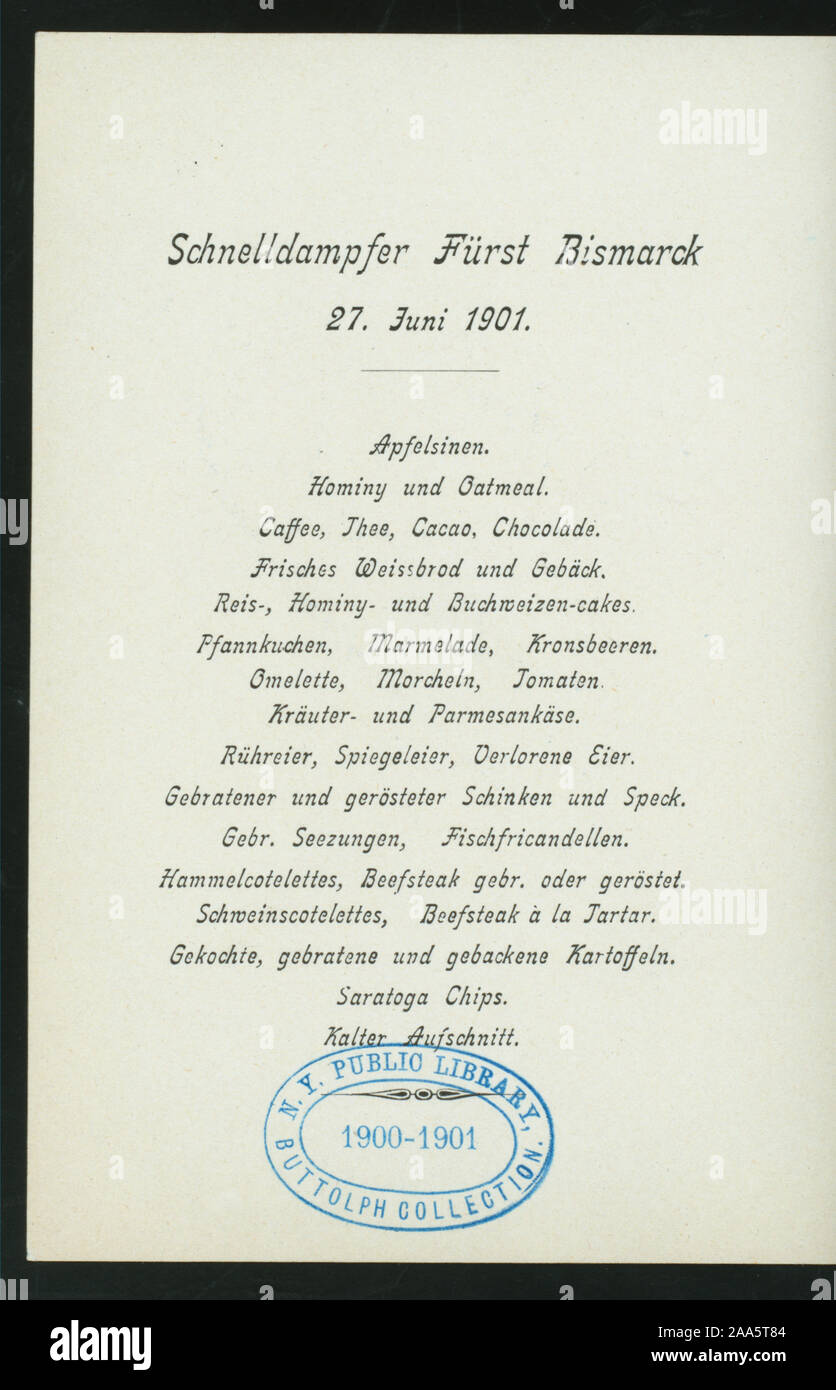 Menu In German And English Citation Reference 1901 17 Breakfast Held By Hamburg Amerika Linie At Ss Furst Bismarck Ss Stock Photo Alamy