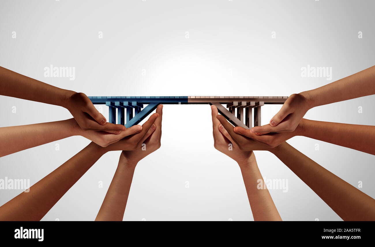 Group bridge concept and building connections as a business success by joining teams together with 3D illustration. Stock Photo