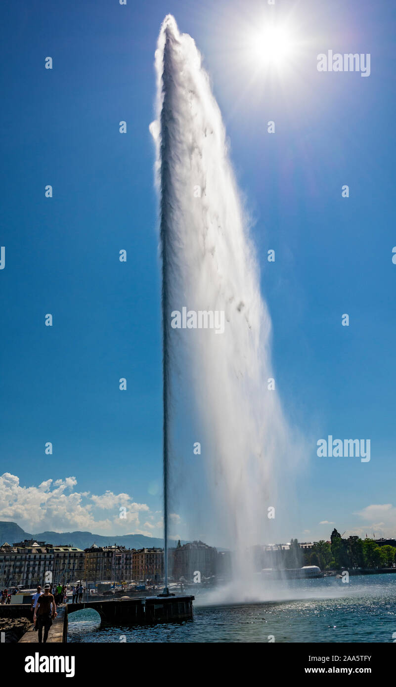 Switzerland, Geneva, Jet d'Eau, water jet fountain Stock Photo