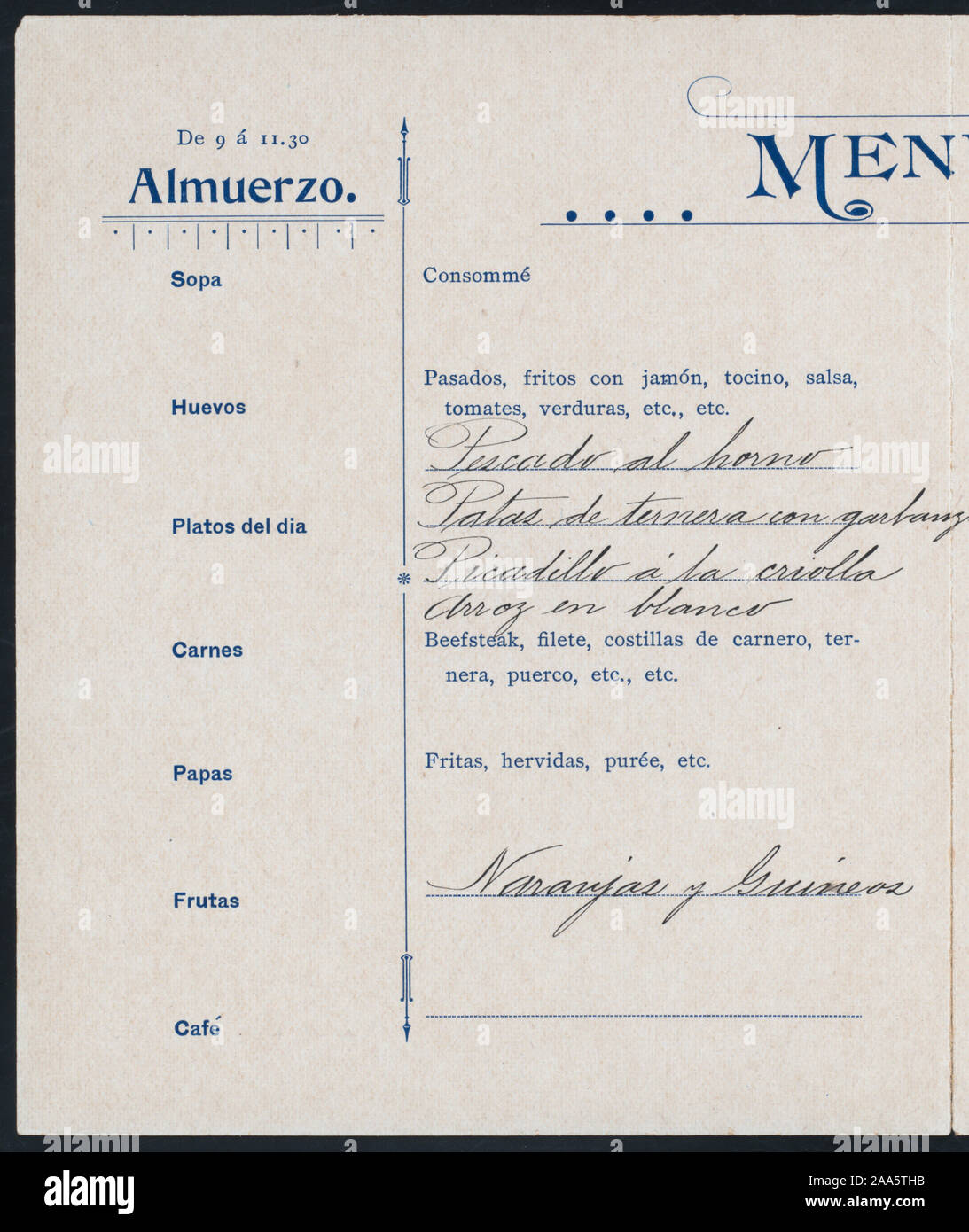 MENU IN SPANISH AND ENGLISH; PARTIALLY HANDWRITTEN; PRICED WINE LIST