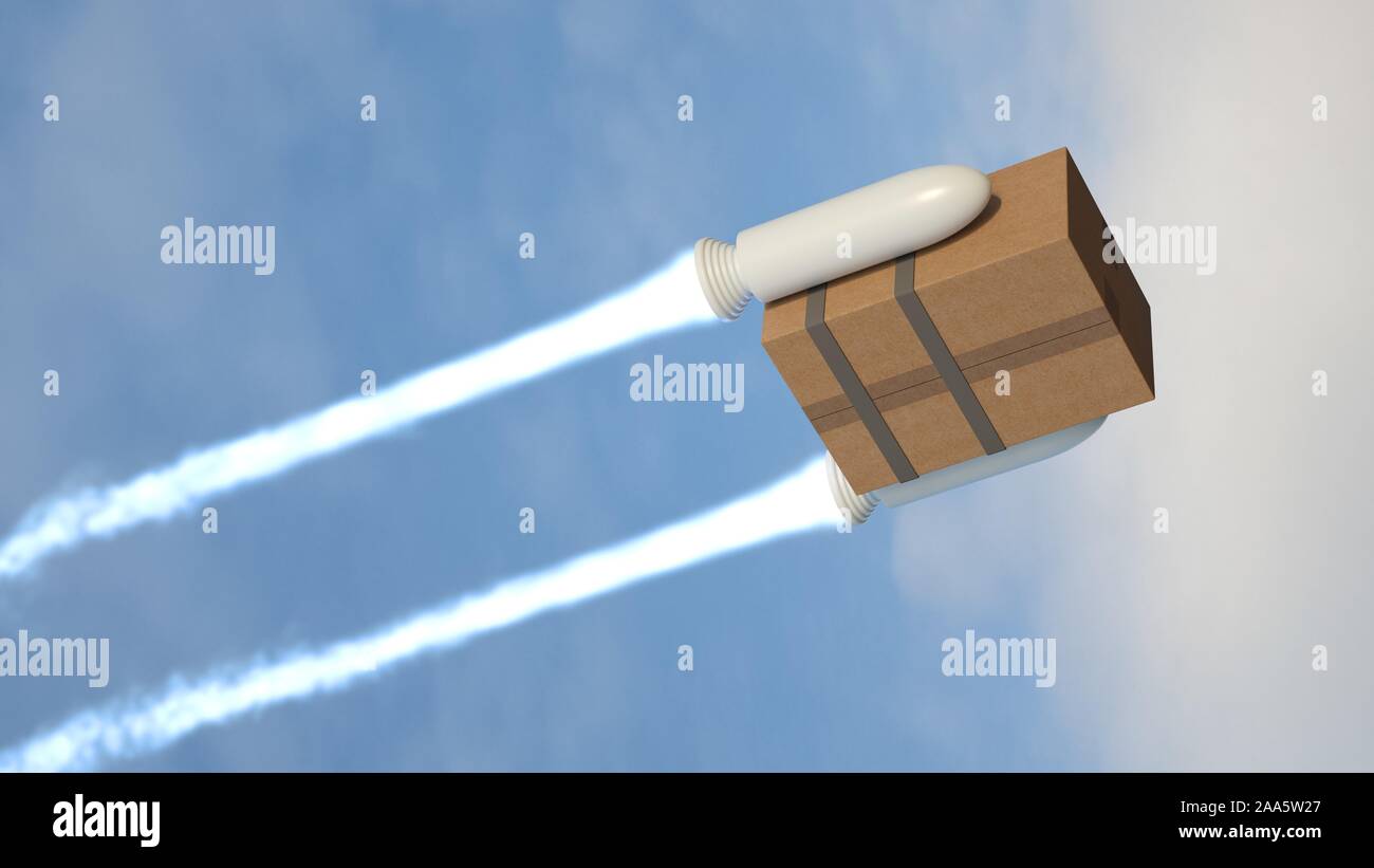 Fast shipping to the whole world. Cardboard box driven by rockets Stock ...