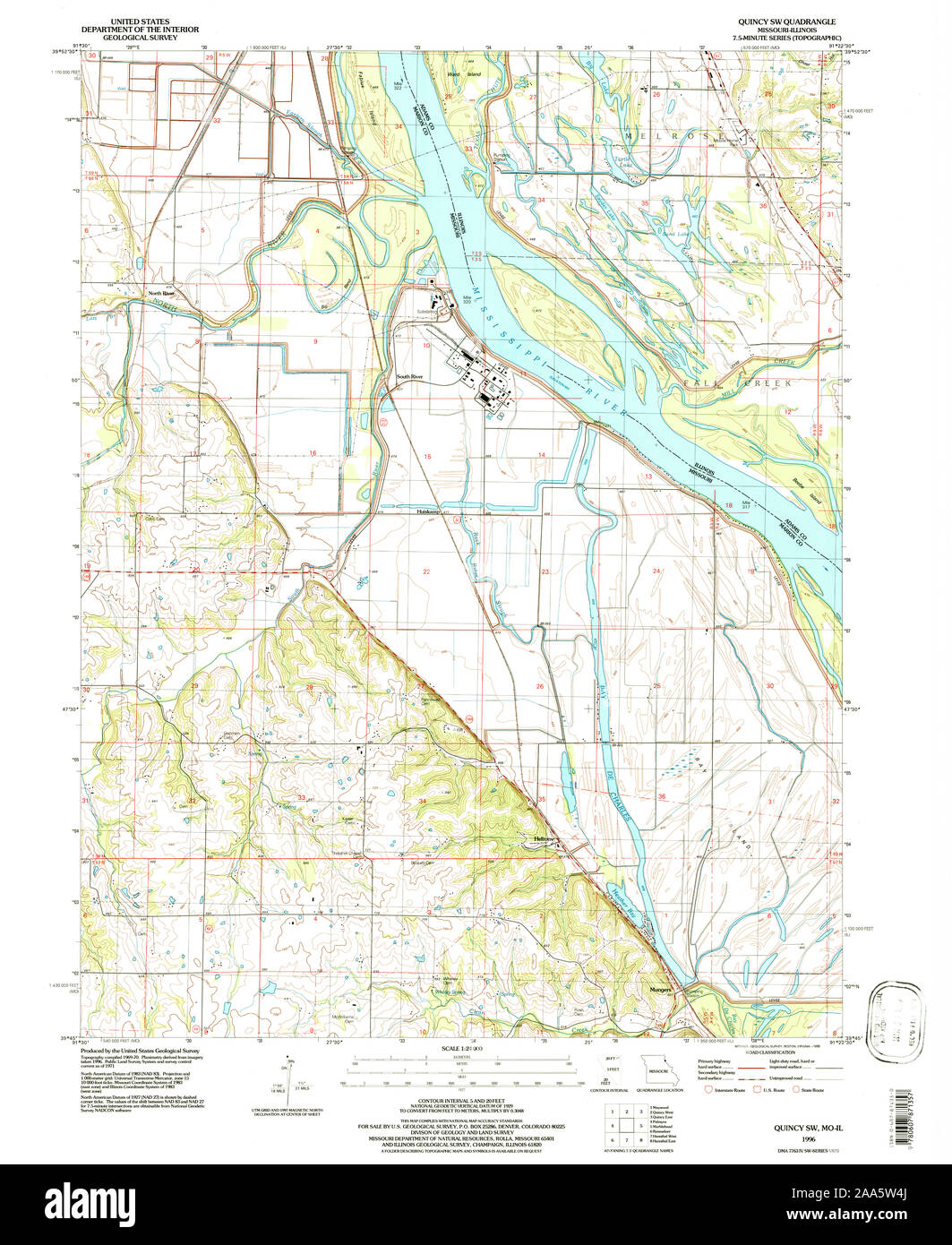 USGS TOPO Map Missouri MO Quincy SW 323948 1996 24000 Restoration Stock Photo