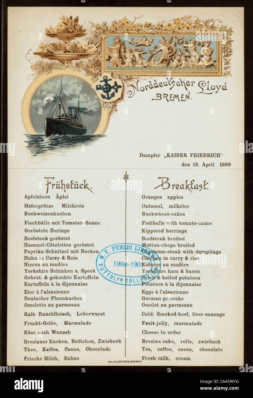 MENU IN GERMAN AND ENGLISH; PICTURE OF STEAMSHIP AND FOOD ON FRONT; BACK OF MENU PRINTED TO BE USED AS A POST CARD 1899-0361; BREAKFAST [held by] NORDDEUTCHER LLOYD BREMEN [at] KAISER FRIEDRICH AT SEA (SS,FOR;) Stock Photo